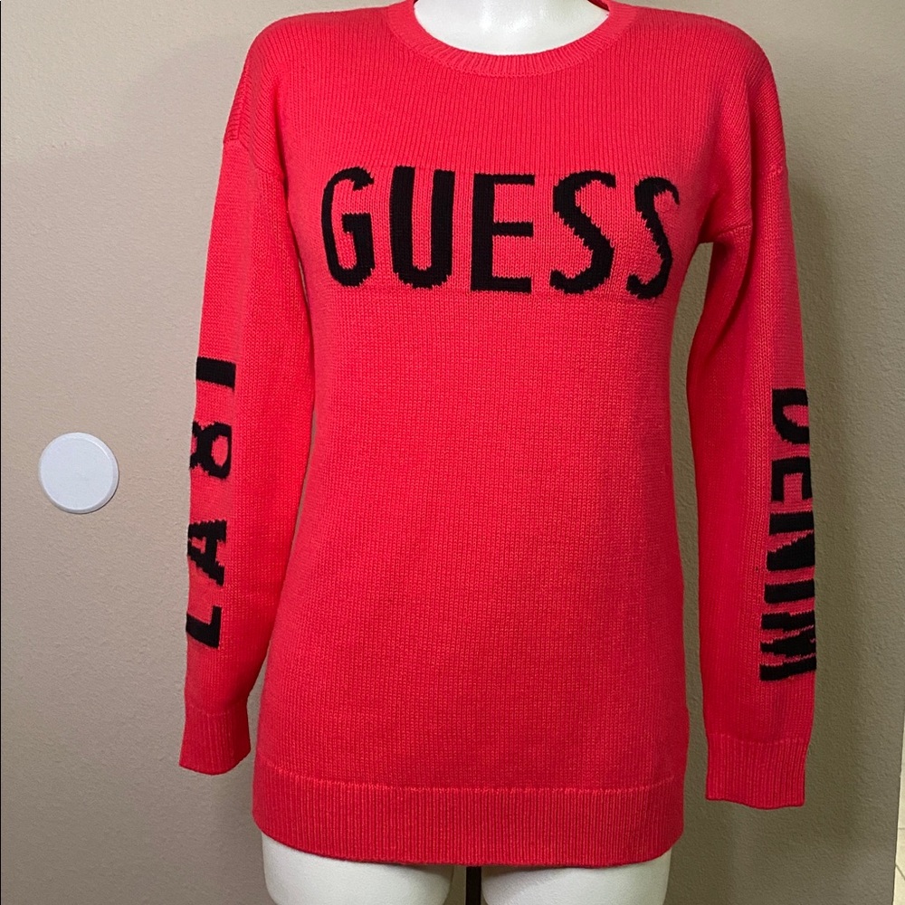 GUESS LA81 intarsia 💖💖 pink long Sweater with Black logo and sleeves XS